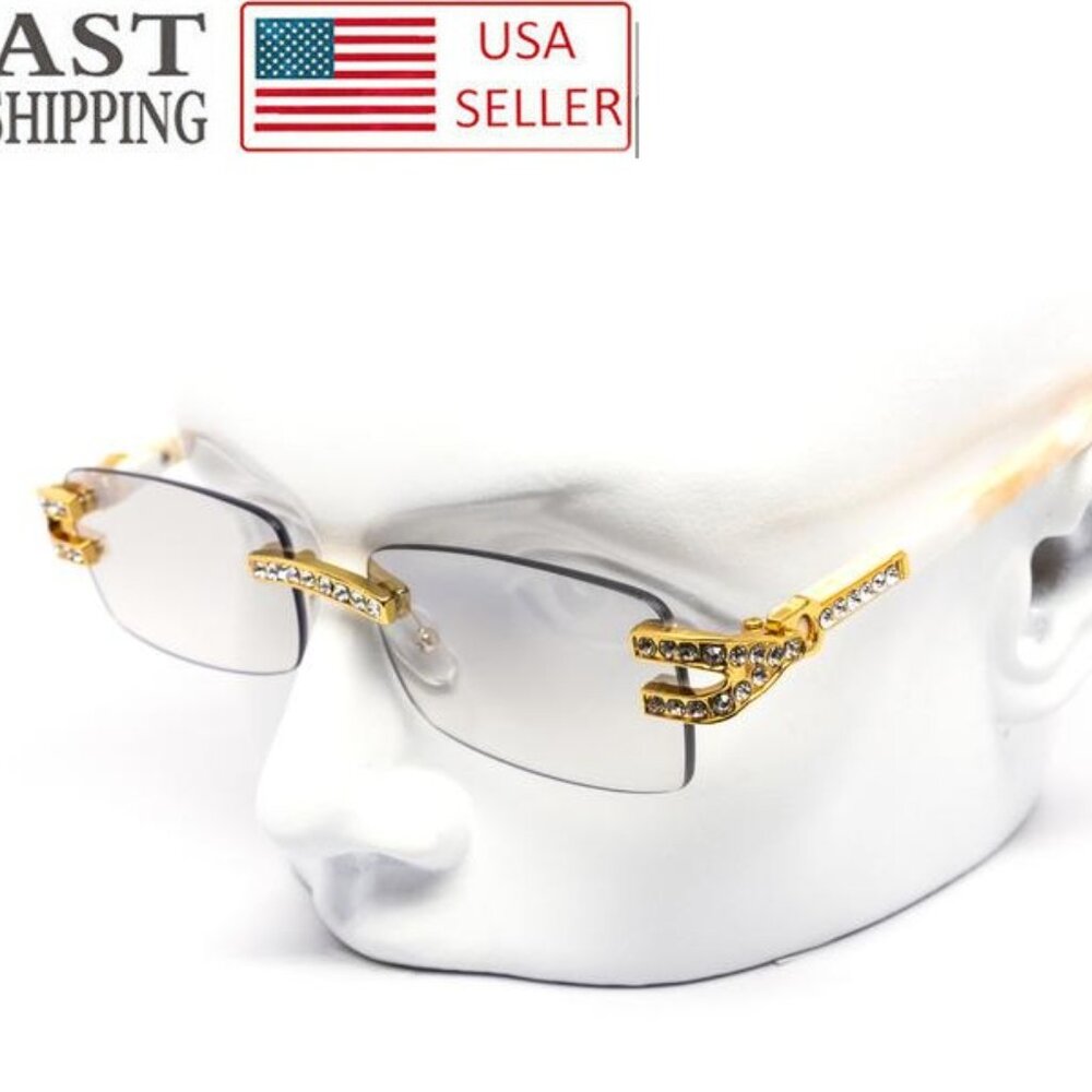 Men Clear Sunglasses Square Gold Classic Shades Hip Hop Iced Out‎ Diamond Lentes